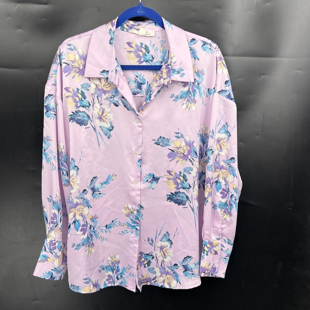 Vine & Love satin button up shirt purple floral business casual top work M
